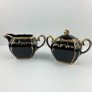 Sadler Antique Cube Black Cream and Sugar Set 1922 Gold Gilt